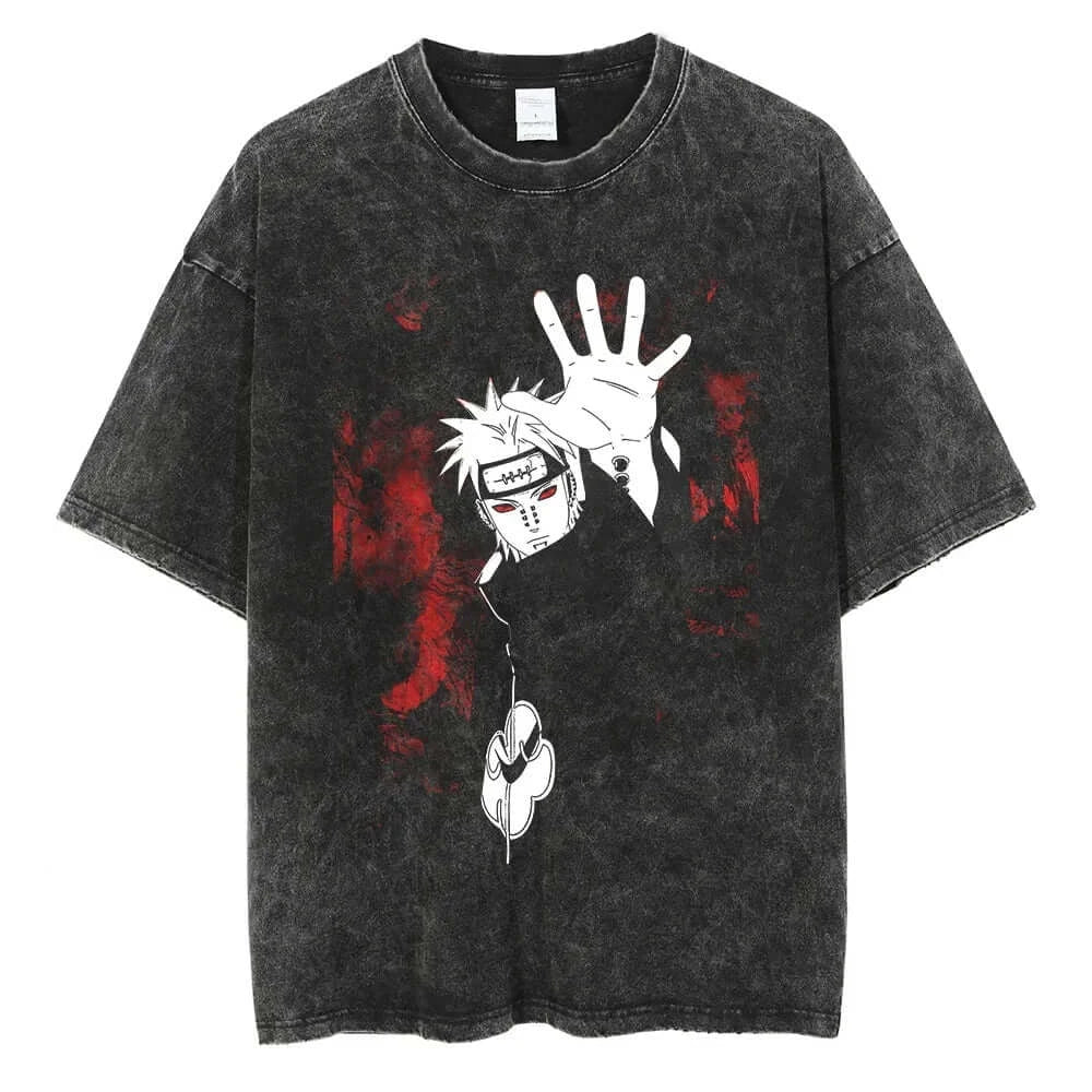 A man wearing the vintage black Japanese Anime Naruto Print T Shirt in a Harajuku hip hop streetwear style.