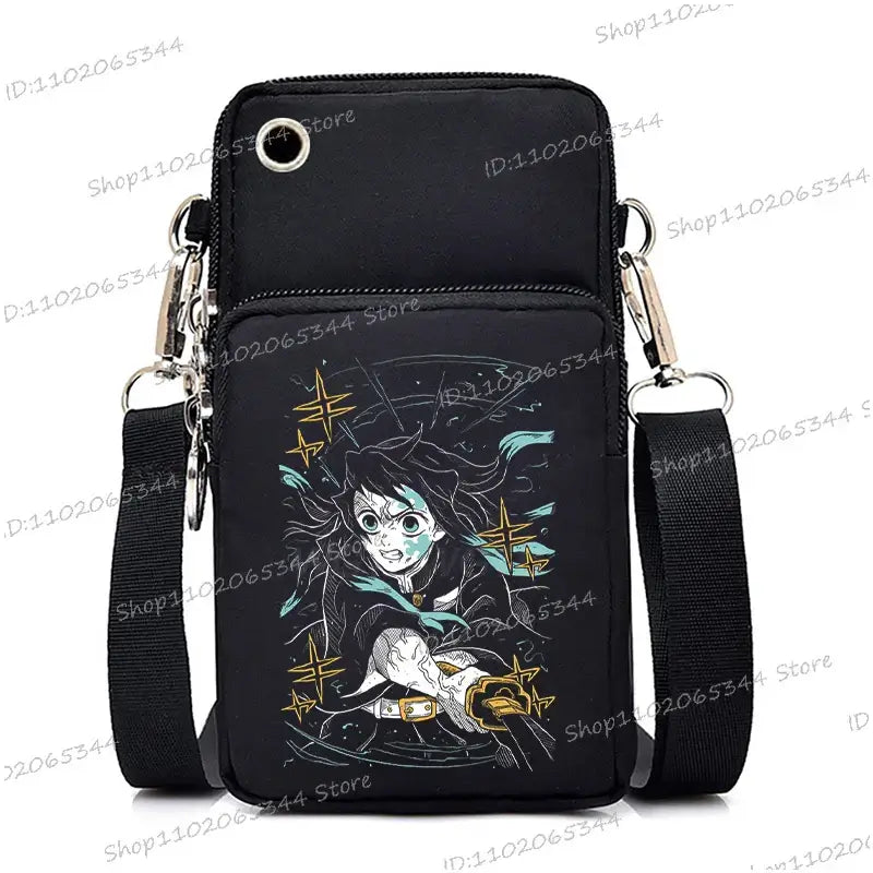 A trendy Demon Slayer Phone Bag featuring anime art of Nezuko Kamado and Mitsuri Kanroji, designed as a Harajuku mini crossbody purse for women and men.