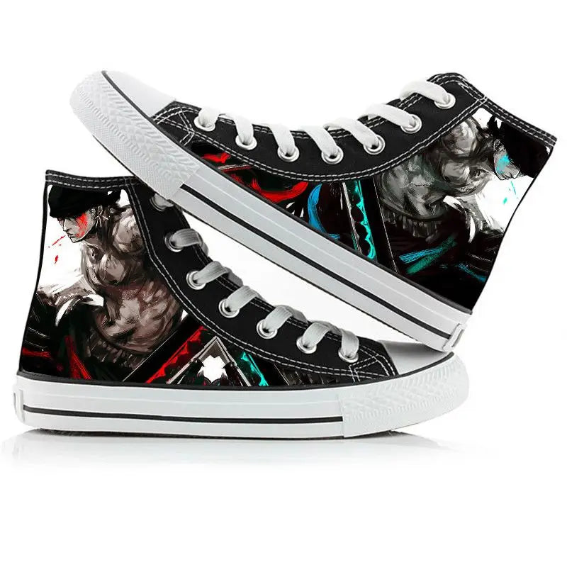 Trendy One Piece High-Top Canvas Shoes featuring creative anime pictures of Luffy, Zoro, Ace, and Chopper for men and women.