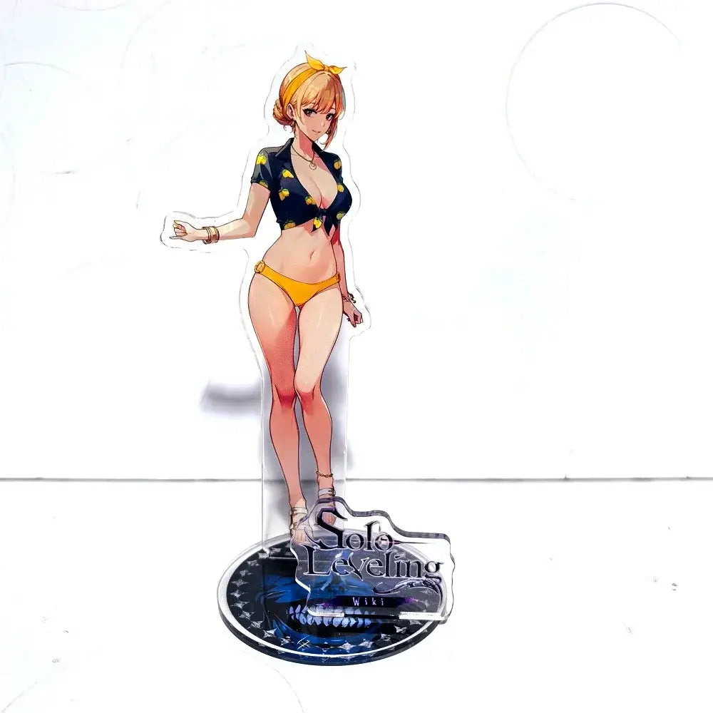 A high-definition 15cm Solo Leveling Acrylic Stand featuring Sung Jinwoo, Sung Jin Ah, and Yoo Jin Ho anime action figures for desk decoration.