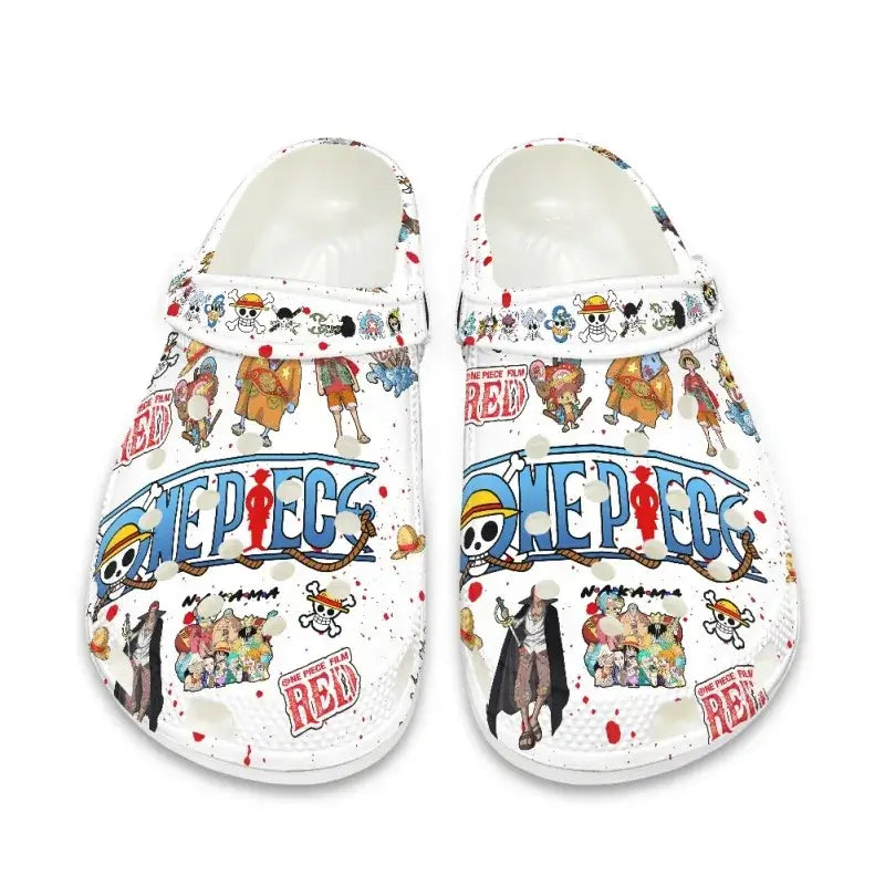 Breathable One Piece Medical Clogs featuring cartoon prints of Monkey D. Luffy and Roronoa Zoro, designed as slip-resistant surgical shoes for nurses.