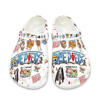 Breathable One Piece Medical Clogs featuring cartoon prints of Monkey D. Luffy and Roronoa Zoro, designed as slip-resistant surgical shoes for nurses.