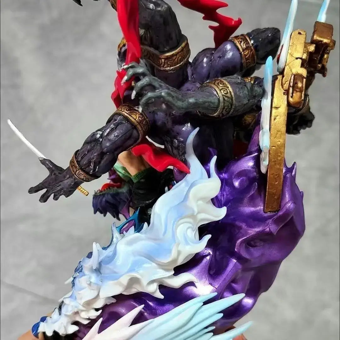 A detailed Roronoa Zoro Hell Form Figure made of PVC, showcasing the King of Hell three-sword style battle pose for anime collection.