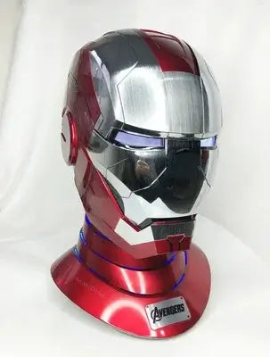 A wearable AutoKing Iron Man Helmet (Mk5) featuring voice-controlled opening face plates and glowing LED eyes for adult cosplay and display.