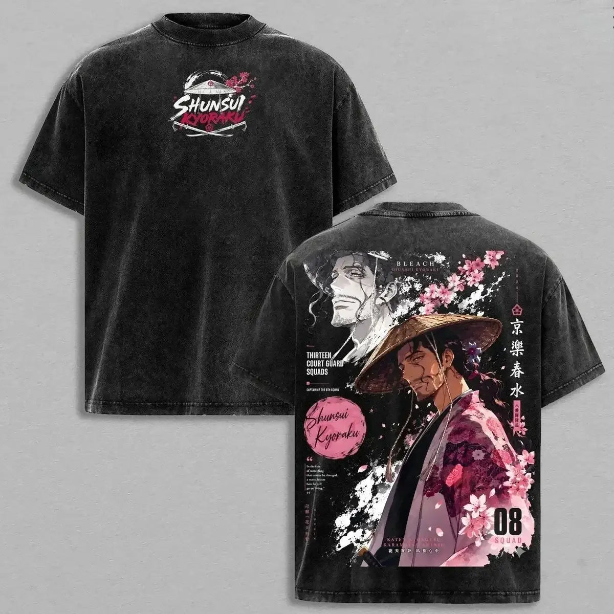 Kyoraku Shunsui Bleach Harajuku Vintage Washed T-Shirt design featuring floral graphics and a stylish streetwear aesthetic.