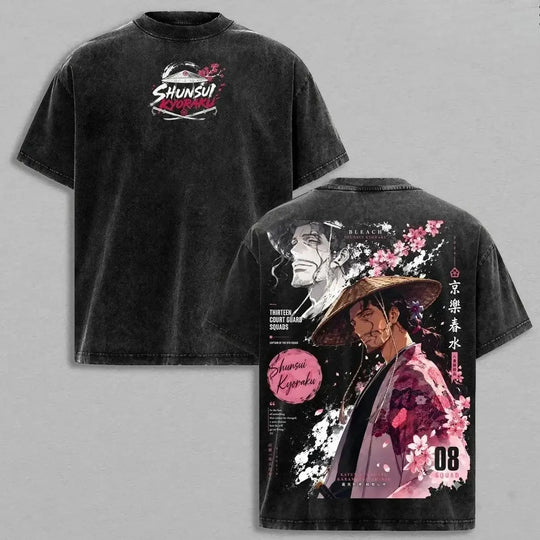 Kyoraku Shunsui Bleach Harajuku Vintage Washed T-Shirt design featuring floral graphics and a stylish streetwear aesthetic.