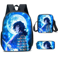 A pink Demon Slayer Backpack 3-piece set featuring Kamado Nezuko anime art, including a schoolbag, shoulder bag, and pencil case for students.