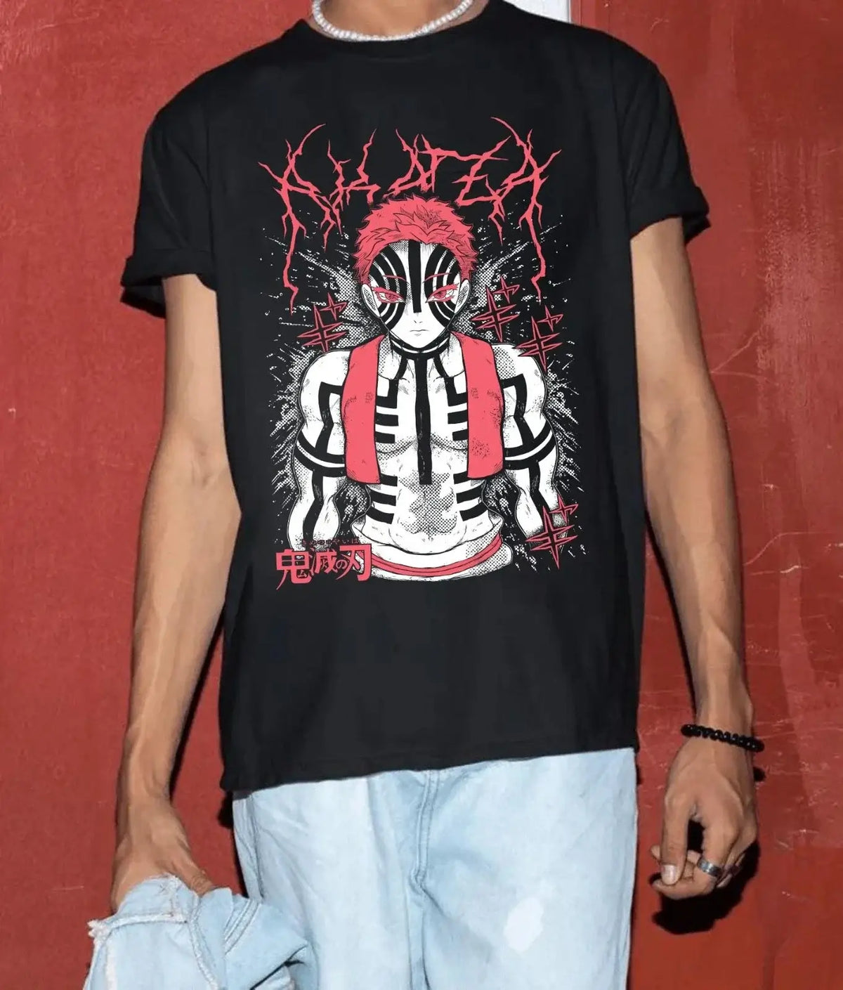Demon Slayer Akaza Y2K Children Cotton T-Shirt flat lay Y2K loose unisex cotton anime tee