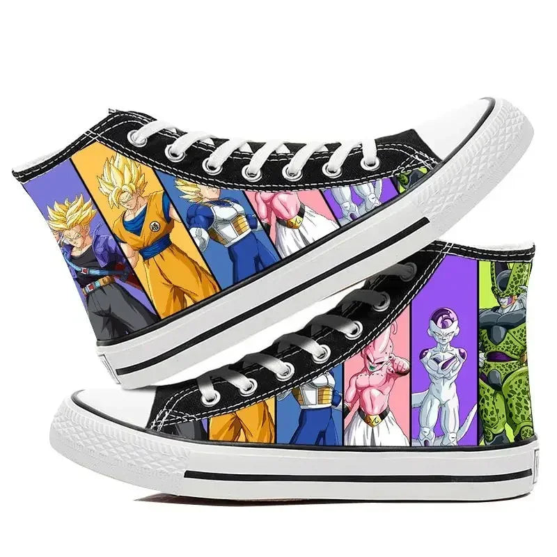 A pair of hot Dragon Ball Goku Canvas Shoes, anime fashion sneakers with a graffiti design for men, women, teenagers, and students.