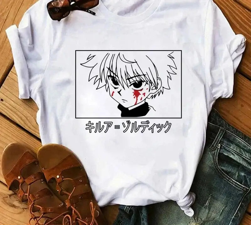 A woman wearing the casual vintage Japanese Anime Hunter X Hunter Graphic T Shirt.