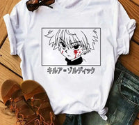 A woman wearing the casual vintage Japanese Anime Hunter X Hunter Graphic T Shirt.
