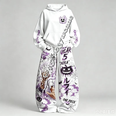 One Piece Oversized Hoodie and Pants Set featuring colorful design with Gear 5 Nika graphics, unisex fit for fans.