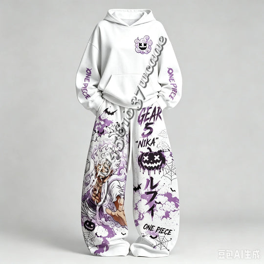 One Piece Oversized Hoodie and Pants Set featuring colorful design with Gear 5 Nika graphics, unisex fit for fans.