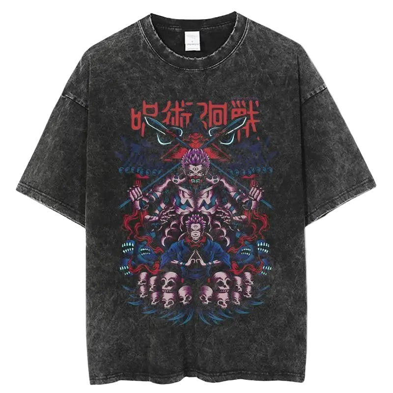 Jujutsu Kaisen Vintage Washed Cotton T-Shirt featuring bold graphic design and relaxed fit for anime fans.