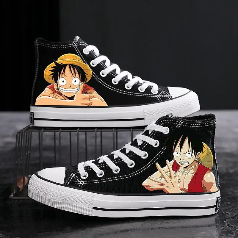 Trendy One Piece Canvas Shoes featuring colorful graffiti art of Luffy, Zoro, and Portgas D. Ace for casual men's and women's fashion.