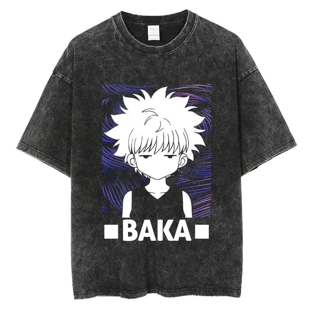 Hunter x Hunter Gon Freecss Print T-Shirt featuring Baka graphic on oversized washed cotton tee.