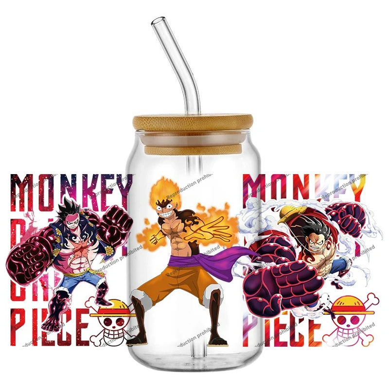 A collection of the newest 31 designs of popular One Piece UV DTF Stickers for a 16oz glass cup.