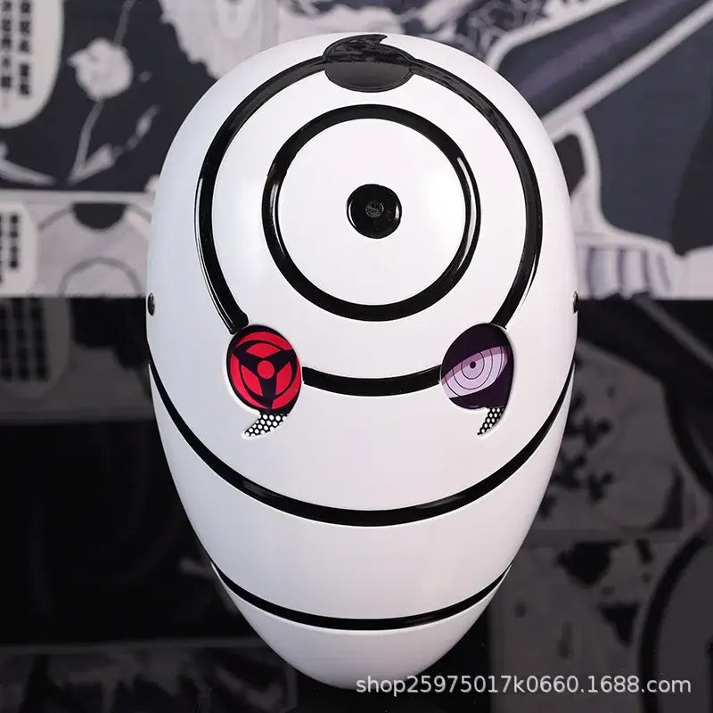 A highly imitative, high-gloss Obito Cosplay Mask featuring the Akatsuki Sharingan design for anime Halloween costumes and conventions.