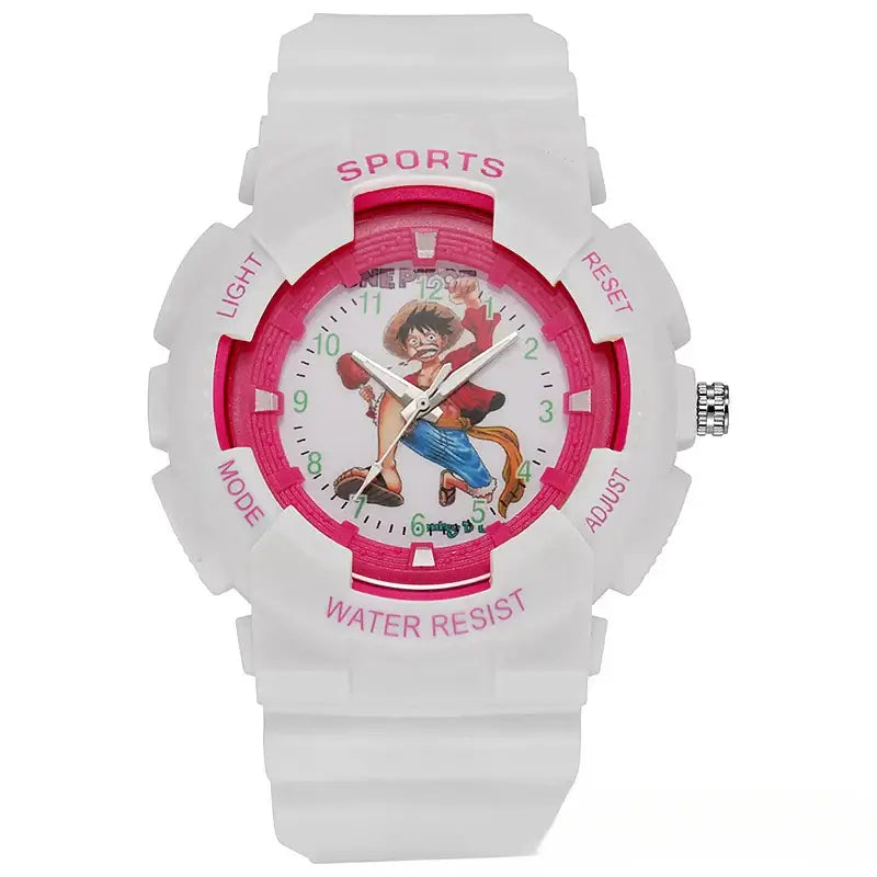 A waterproof One Piece Electronic Watch featuring colorful Monkey D. Luffy anime character art on a durable sports wristband for children.