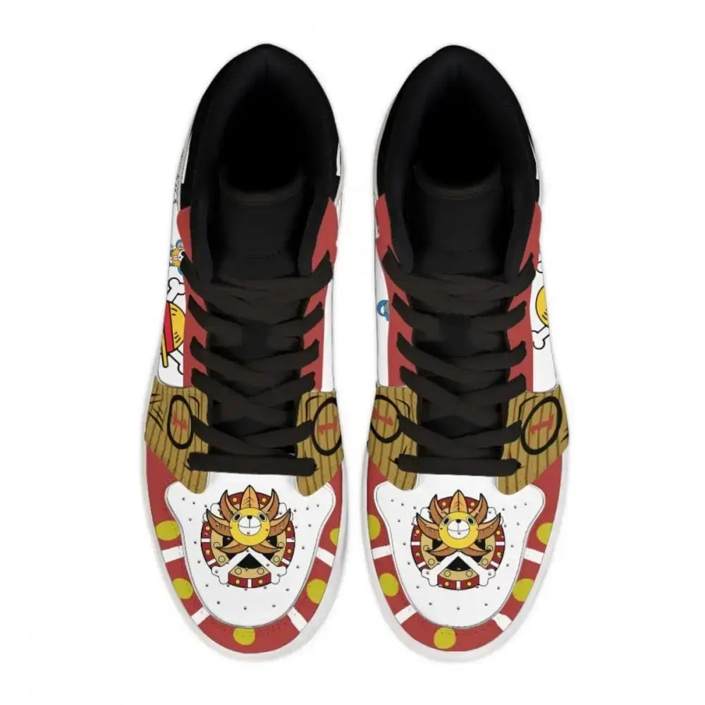 A pair of custom One Piece Basketball Shoes featuring anime designs of Luffy and Zoro, suitable as unisex sneakers.