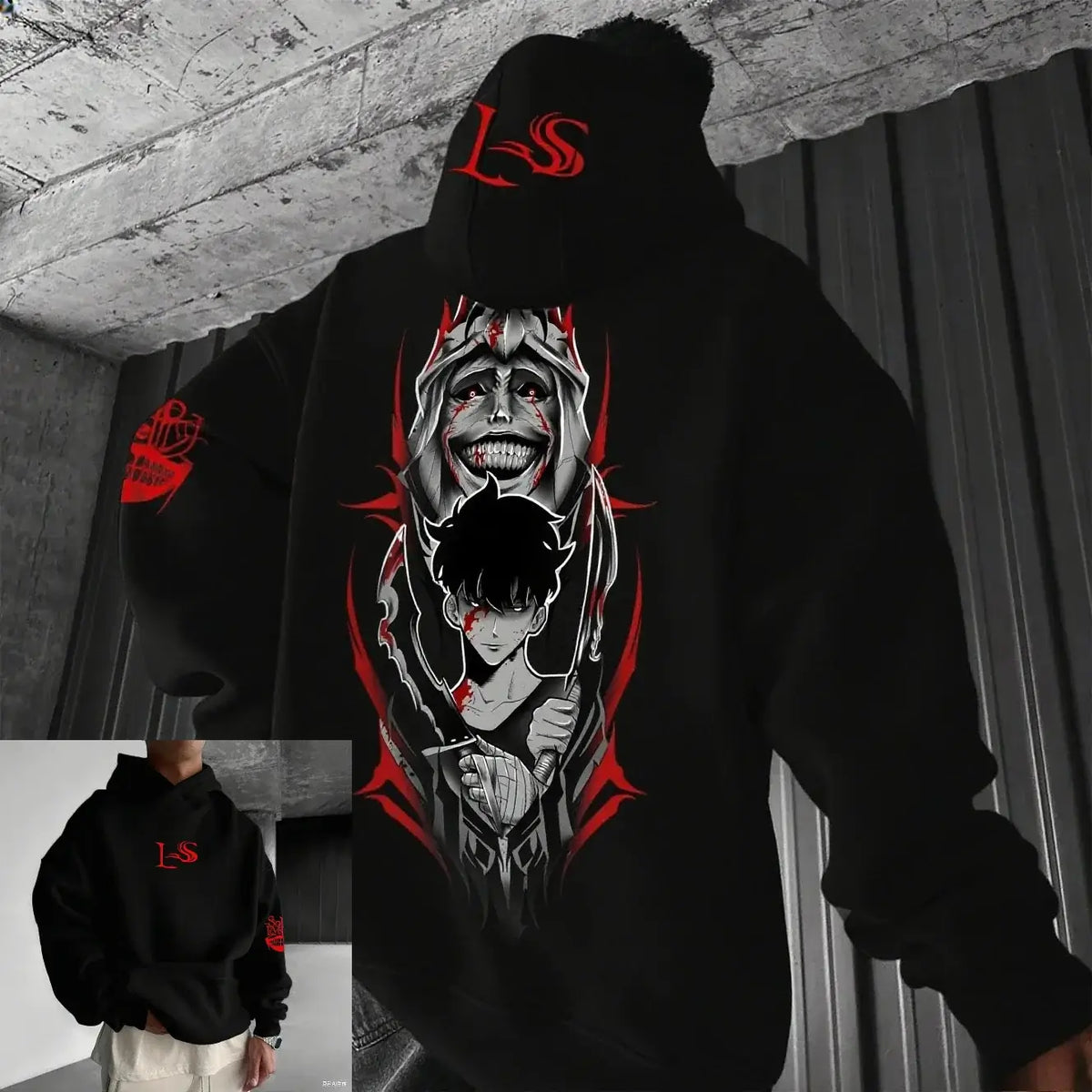 An oversized Solo Leveling Anime Hoodie featuring a dynamic graphic print of Sung Jin-Woo, styled as comfortable streetwear for men and women.
