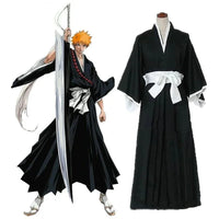 A complete Bleach Kuchiki Rukia Cosplay costume featuring the black Shinigami Shihakusho kimono and white sash, perfect for Thousand-Year Blood War reenactments.