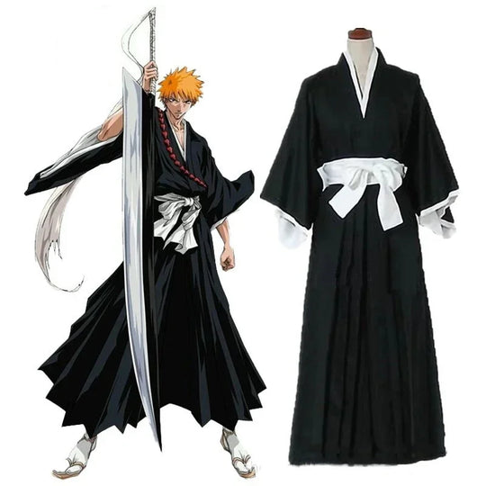 A complete Bleach Kuchiki Rukia Cosplay costume featuring the black Shinigami Shihakusho kimono and white sash, perfect for Thousand-Year Blood War reenactments.