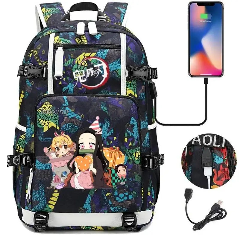 A pink and black Nezuko Demon Slayer Backpack featuring a USB charging port and kawaii anime character art, designed for teen girls and students.