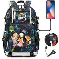A pink and black Nezuko Demon Slayer Backpack featuring a USB charging port and kawaii anime character art, designed for teen girls and students.