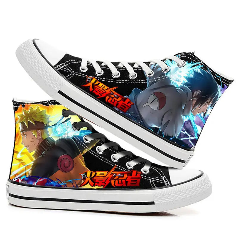 Trendy high-top Naruto Canvas Shoes featuring cool graffiti personality prints of Sasuke Uchiha, Itachi, and Kakashi for men and women.