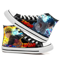 Trendy high-top Naruto Canvas Shoes featuring cool graffiti personality prints of Sasuke Uchiha, Itachi, and Kakashi for men and women.