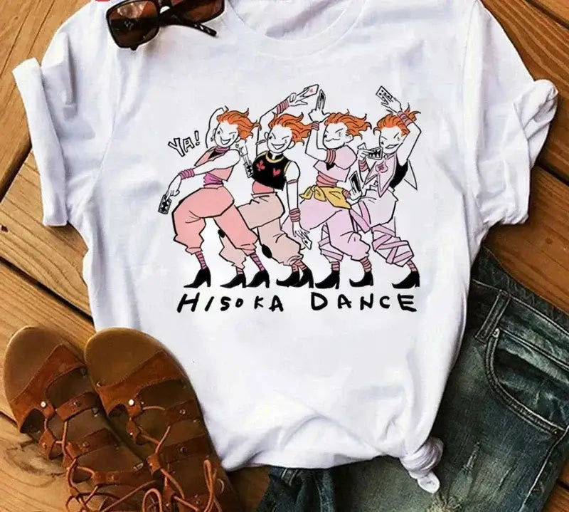 A woman wearing the casual vintage Japanese Anime Hunter X Hunter Graphic T Shirt.
