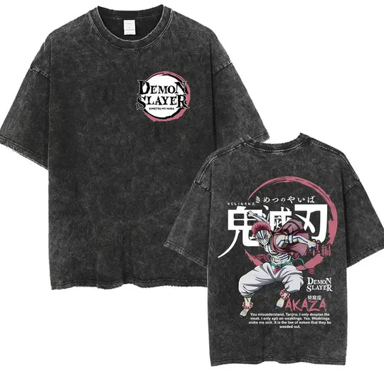 A popular Washed Vintage Akaza T-shirt with a Demon Slayer manga graphic in an oversized style for men.