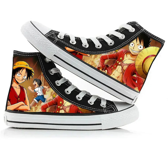 One Piece Anime Canvas Shoes worn lifestyle shot Luffy Zoro hand-painted anime high top sneakers