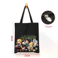 A durable Demon Slayer Canvas Bag featuring Kamado Nezuko and Tanjiro anime graphics, designed as a zipper tote for students and shoppers.