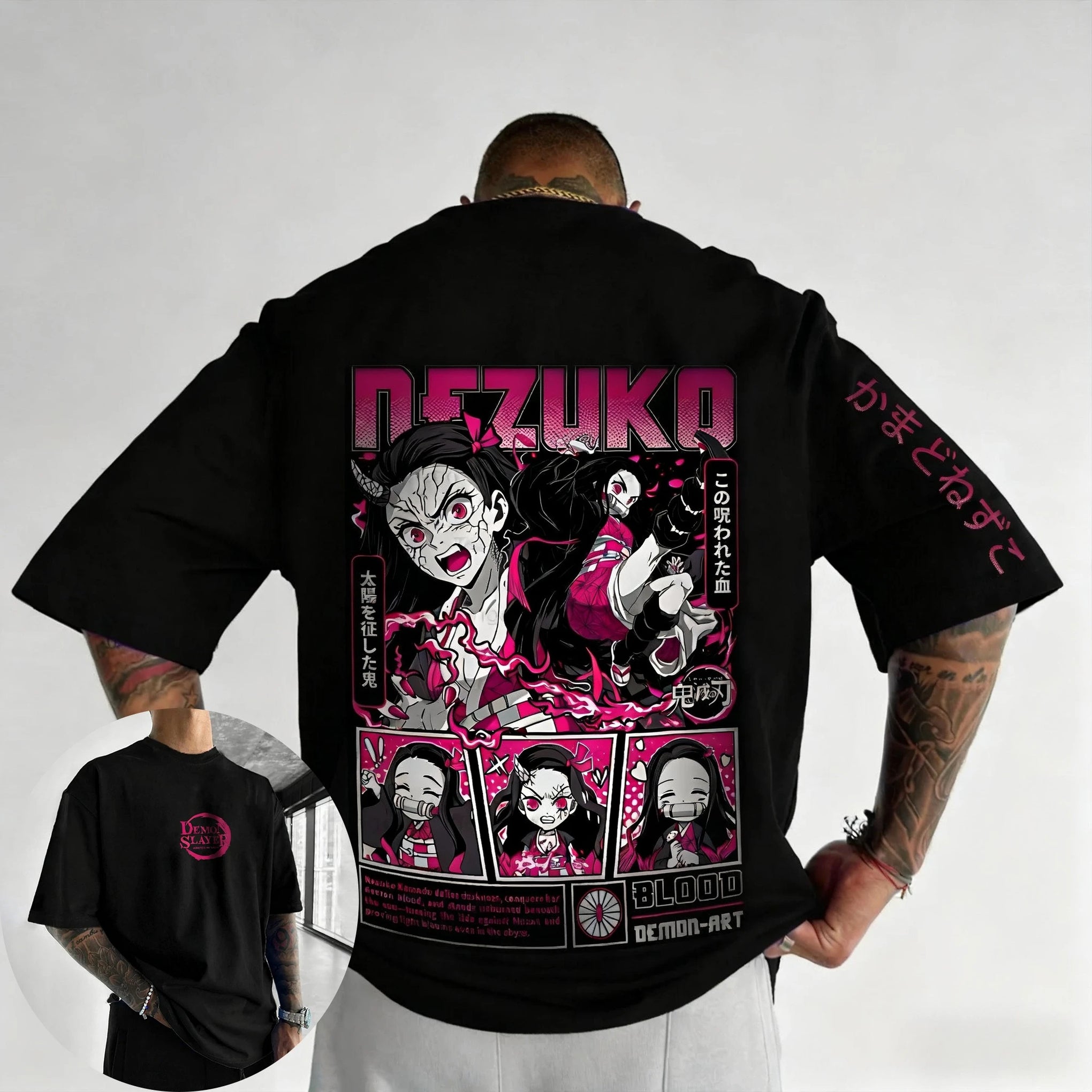 A trendy Nezuko Kamado T-Shirt featuring vibrant color printing of the anime character, designed as loose summer streetwear for men.
