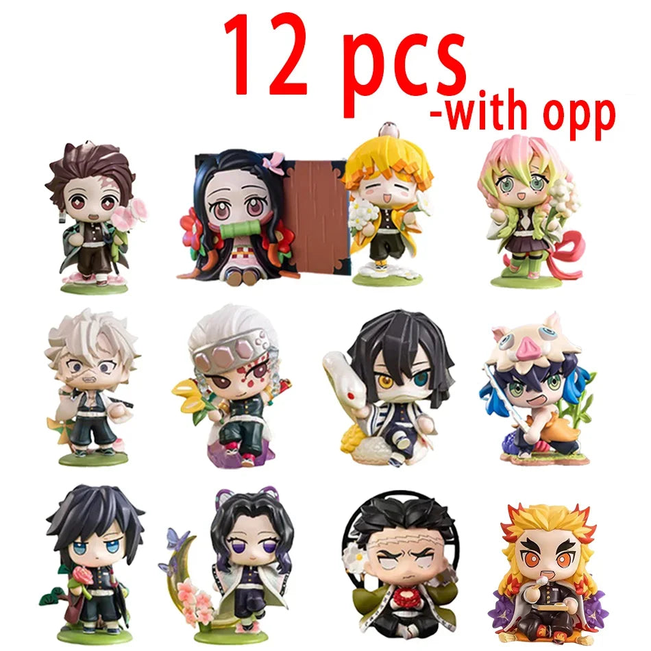 A colorful Demon Slayer Blind Box containing a random cute PVC anime figure of Tanjiro or Nezuko, used as a desktop ornament.