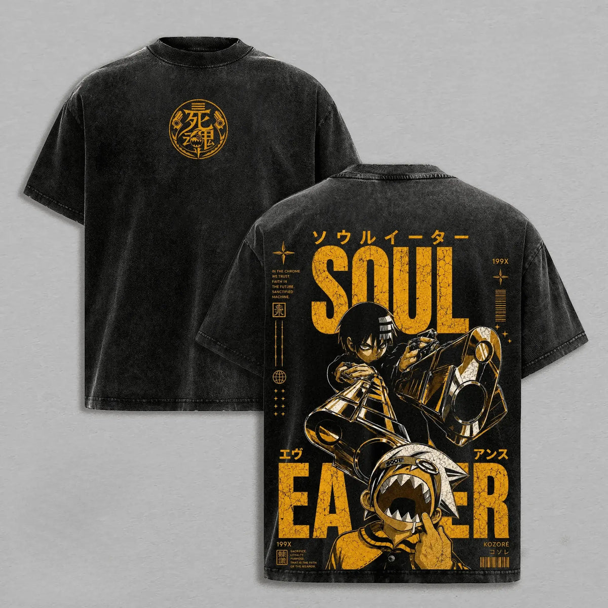 Death the Kid Soul Eater Manga Washed T-Shirt featuring bold graphics and black cotton fabric.