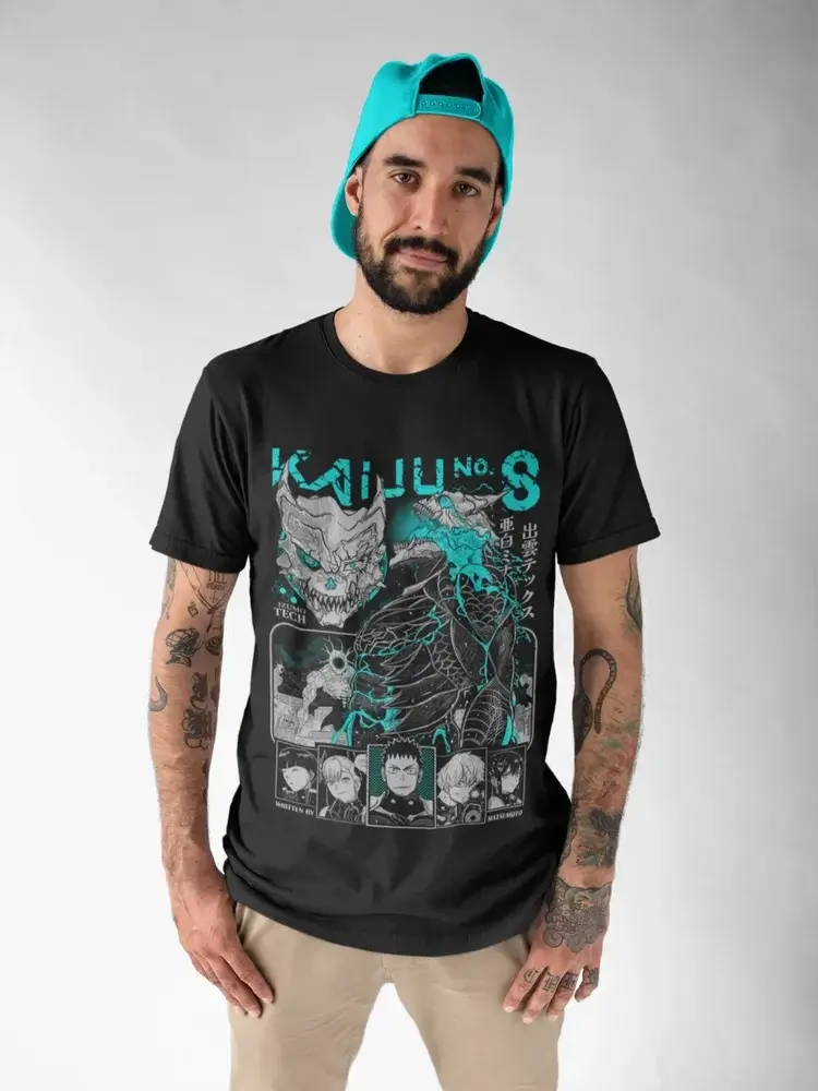 A black Kaiju No 8 T-shirt featuring a manga graphic of Captain Mina Ashiro holding a cannon, styled as a Y2K top for women's clothing.