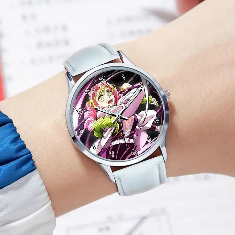 A stylish Demon Slayer Watch featuring two-dimensional anime art of Rengoku Kyoujurou and Tokitou Muichirou, designed as a trendy business wristwatch.