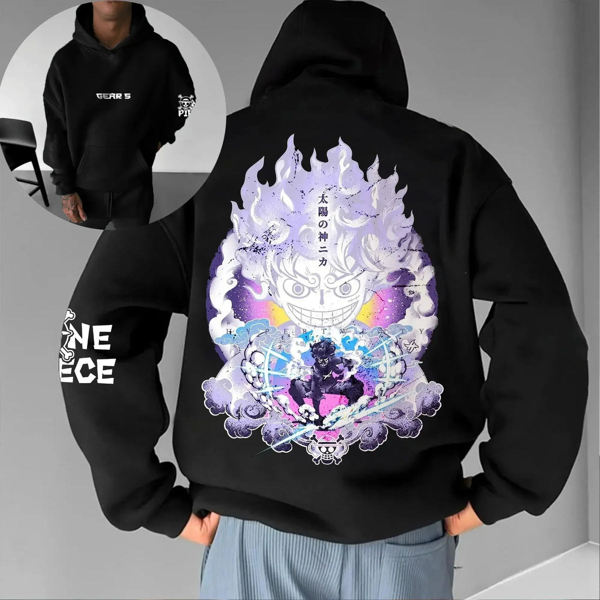 A men's cotton One Piece Luffy Gear 5 Nika Black Hoodie, suitable for casual autumn and winter streetwear fashion or anime cosplay.