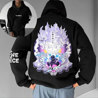 A men's cotton One Piece Luffy Gear 5 Nika Black Hoodie, suitable for casual autumn and winter streetwear fashion or anime cosplay.