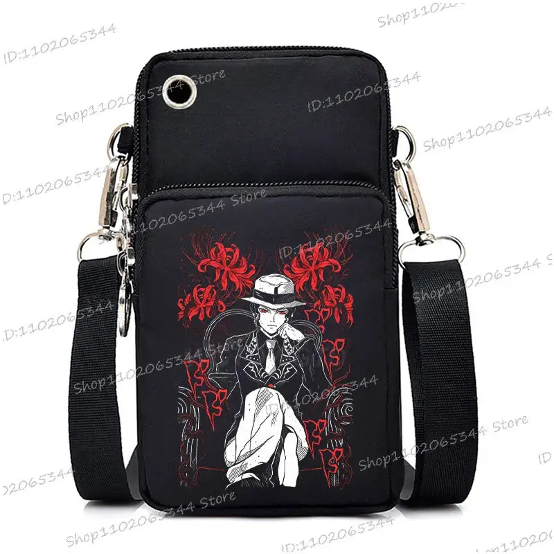 A trendy Demon Slayer Phone Bag featuring anime art of Nezuko Kamado and Mitsuri Kanroji, designed as a Harajuku mini crossbody purse for women and men.