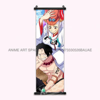 A vibrant One Piece Hanging Painting featuring anime characters Monkey D. Luffy, Portgas D. Ace, Sabo, and Shanks on a canvas scroll for home decor.