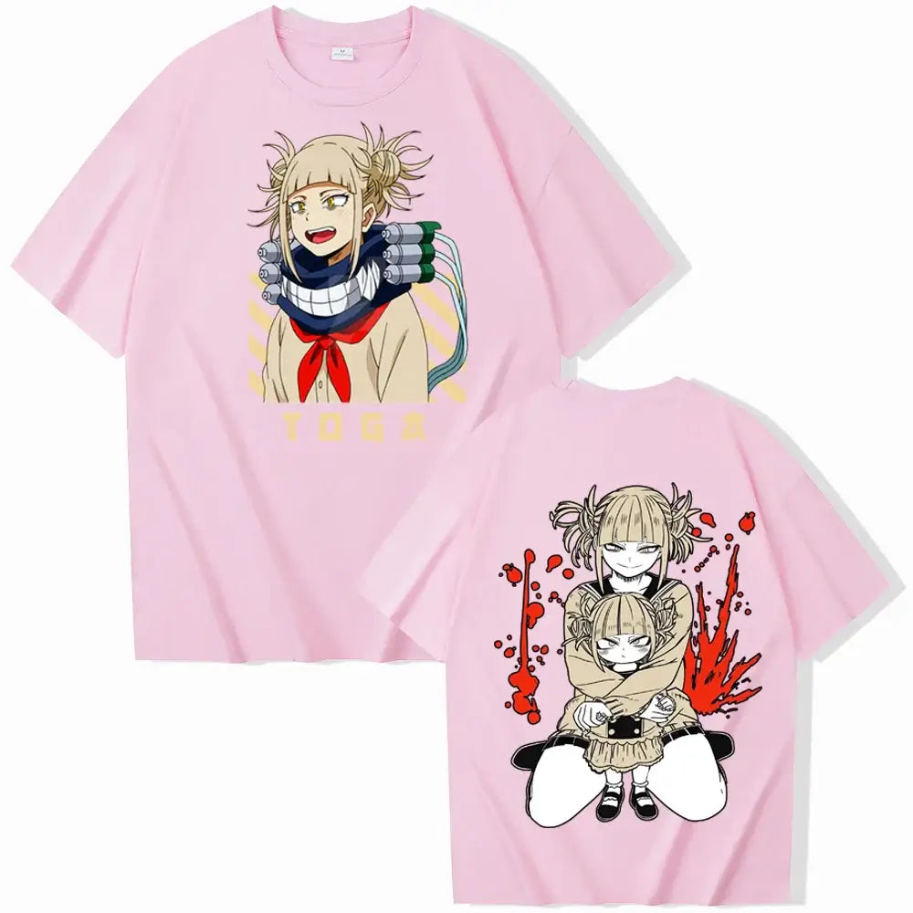 A trendy 2026 Himiko Toga T-Shirt featuring a graphic anime print of the My Hero Academia villain, designed as a casual summer top for men and women.