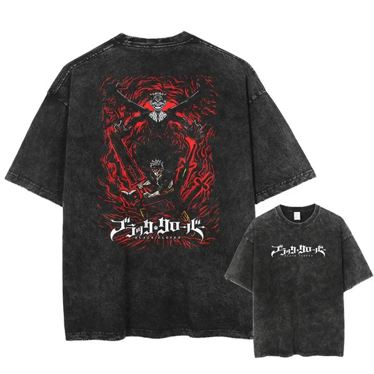 Asta Black Clover Manga Streetwear T-Shirt featuring bold back graphic design in washed black cotton fabric.