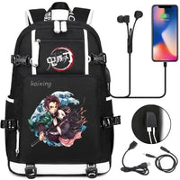 A pink and black Nezuko Demon Slayer Backpack featuring a USB charging port and kawaii anime character art, designed for teen girls and students.