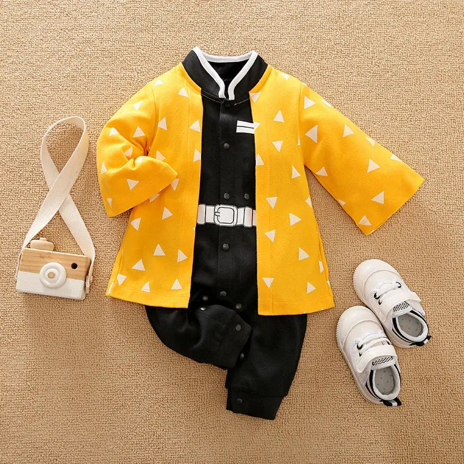 A newborn infant wearing the Baby Anime Costume, a cosplay jumpsuit available in Luffy, Akatsuki, and Vegeta styles.