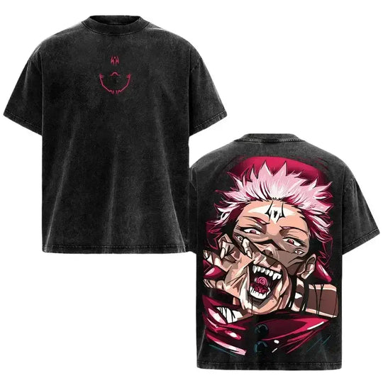 Ryomen Sukuna Jujutsu Kaisen Vintage Washed T-Shirt featuring a graphic of the King of Curses on a black background.
