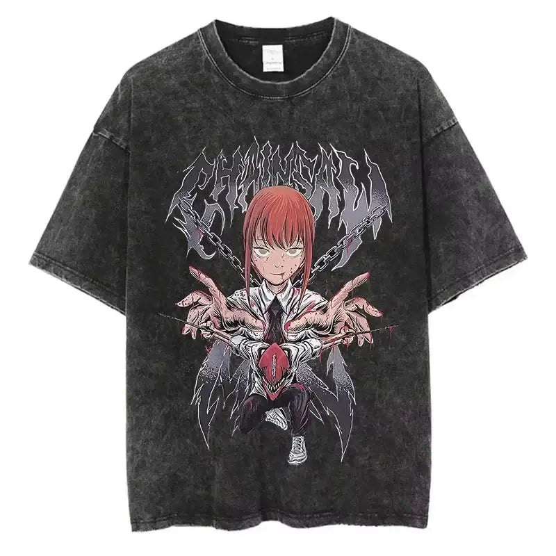 A unisex Chainsaw Man Vintage T-shirt in washed cotton with a Harajuku oversized streetwear fit.